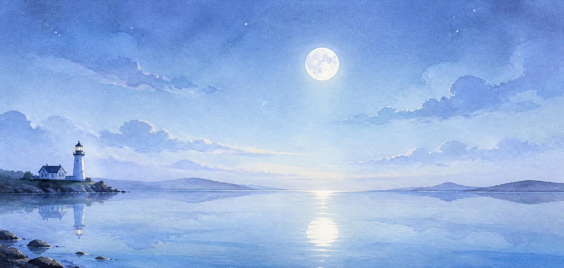 Full moon reflecting on calm water beneath a soft blue night sky