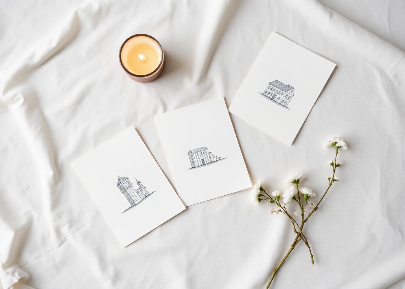 Cards laid out on pale linen beside soft white flowers and a small candle